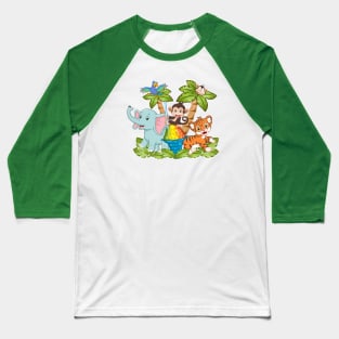 Jungle with Palm Tree, Elephant, Monkey, Parrot, Tiger and Ice Cream Baseball T-Shirt